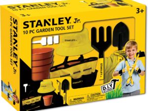 STANLEY JR set van 10 stuks tuingereedschap voor kinderen | Schop, handvork, gereedschapstas, zonnehoed, 3 plantenlabels, 3 potten | Tuinierplezier | Voor kinderen vanaf 3 jaar