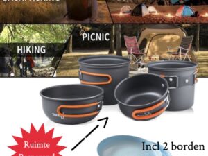 Camping kookgerei stapelbaar, opvouwbaar met maataanduiding inclusief 2 borden | Outdoor | Pan | Reizen | koken | Picknick
