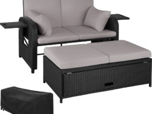 tectake - Wicker loungebank Kreta zwart / grijs - incl. beschermhoes - 404308