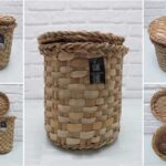 Ronde Rieten Mand met Deksel / Wasmand / Opbergmand / Diepe Natuurlijke Rieten Mand / 26 x 27 cm