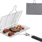 YANJINGHE Roestvrijstalen grillrooster, roestvrijstalen grillmand, roestvrijstalen visgrillmand, roestvrijstalen opvouwbare draagbare roestvrijstalen grillmand met afneembare handgreep voor vis, biefstuk, garnalen