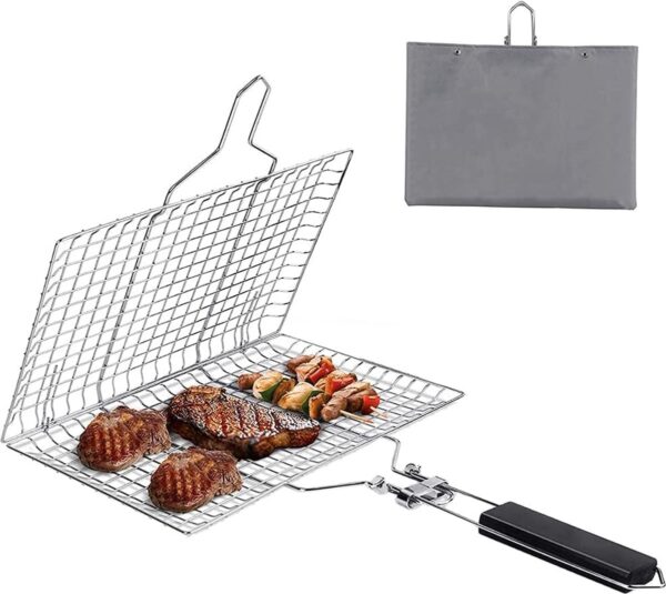 YANJINGHE Roestvrijstalen grillrooster, roestvrijstalen grillmand, roestvrijstalen visgrillmand, roestvrijstalen opvouwbare draagbare roestvrijstalen grillmand met afneembare handgreep voor vis, biefstuk, garnalen