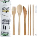 100% natuurlijk bamboe bestek 6-delige set in canvas houder