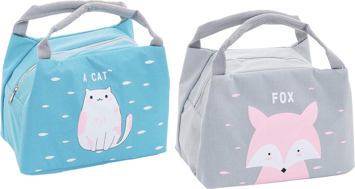 2 Pack | Geïsoleerde Lunchtas Set | Met Dubbele Handvat | Cat en Vos Print | Lekvrije | Lunchbox | Picknicktas | Lunchkoeltas | Maaltijdtas | camping | Reizen | Unisex | Blauw / Grijs 2 Pack | Geïsoleerde Lunchtas Set | Met Dubbele Handvat | Cat en Vos Print | Lekvrije | Lunchbox | Picknicktas | Lunchkoeltas | Maaltijdtas | camping | Reizen | Unisex | Blauw / Grijs