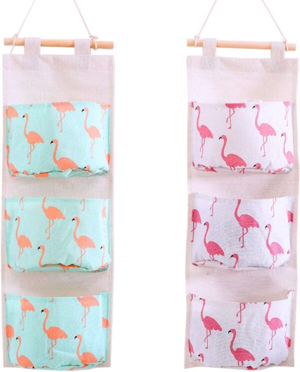 2 stuks flamingo onder het motto wandbehang tassen, opbergtas, linnen stof hangende tas organisator voor keuken slaapkamer badkamer (wit en groen)