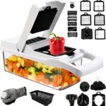 23-in-1 groentesnijder, groentesnijder met 12 messen van roestvrij staal en handschoenen, kubussnijder, uiensnijder, groentesnijder voor groenten en fruit, wortels, aardappel, knoflook