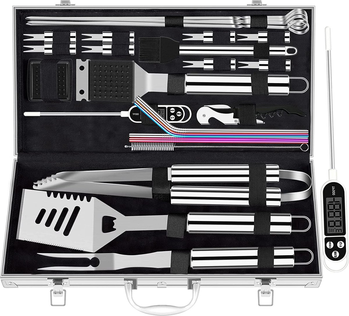 26-delige extra dikke roestvrijstalen BBQ-gereedschapset voor mannen, zware BBQ-accessoires voor in de tuin, barbecue gebruiksvoorwerpen geschenkset met vleesthermometer in aluminium koffer voor verjaardag zilver 26-delige extra dikke roestvrijstalen BBQ-gereedschapset voor mannen, zware BBQ-accessoires voor in de tuin, barbecue gebruiksvoorwerpen geschenkset met vleesthermometer in aluminium koffer voor verjaardag zilver