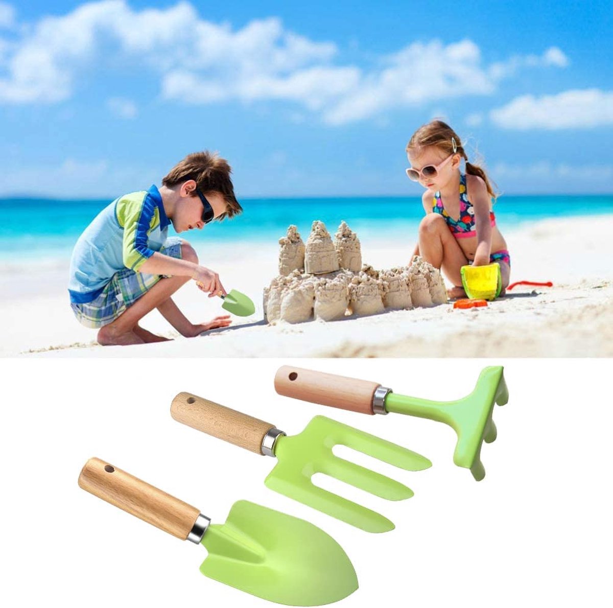 3-delige tuingereedschapsset van roestvrij staal met houten handgrepen, tuinschep, hark en driepuntig 3-delige tuingereedschapsset van roestvrij staal met houten handgrepen, tuinschep, hark en driepuntig