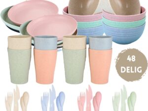 48-delig kunststof servies, ENSINE premium camping servies, onbreekbaar picknick servies voor 8 personen, lichtgewicht, 100% veilige kunststof borden, kopjes, kommen & bestekset