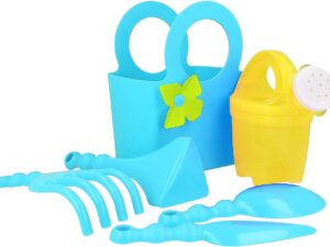 6-delige tuingereedschapset voor kinderen - kindertuingereedschap - gieter, schoffel, schop, troffel, hark, draagtas (blauw Geel)