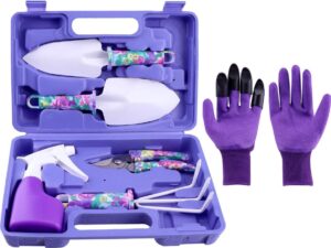 6-delige tuingereedschapsset, tuinwerkset met ergonomische greep en paarse bloemenprint, plantengereedschapsset voor tuinliefhebbers in de open lucht