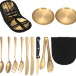 Campingbestek, 10 stuks, draagbaar campingbestek, met roestvrijstalen borden, lepel, vork, getand en steakmes, grilltang, dinerborden, voor campinguitstapjes en wandelen