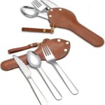 Draagbare campingbestek, set van 2 stuks, met leren tas, gemakkelijk in de tas te dragen, roestvrijstalen messen, lepel en vork, perfect voor school, werk, boerderij, picknick, reizen