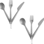 Navaris 2 x campingbestek van titanium - Twee sets met vork, mes en lepel - Bestekset voor onderweg en op reis - Inclusief karabijnhaak en bewaarzakje
