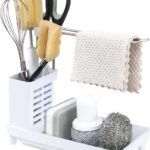 Spoelbak met afdruiprek, spoelbak-organizer met veel opbergruimte, spoelbak-organizer, keuken voor afwasborstels, doeken en sponzen - spoelbak, wit