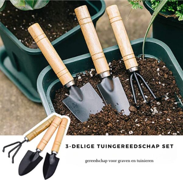 Waledano® 3-Delige Tuingereedschap Set - Geschikt voor tuinieren - planten - Mini Troffel, Harkje en Transplanter - Opgelet Mini Set