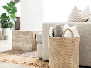 XXL katoenen touw geweven mand | deken opbergmand voor woonkamer en wasgoed | decoratieve mand voor dekens | touw wasmand geweven | extra grote manden (38x45cm) - Honing