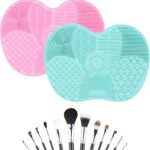 2 stuks siliconen make-up borstel reinigingsmat, make-up borstel scrubber mat cosmetische reinigingspad draagbaar reinigingsgereedschap met zuignap, 2 grote appelvormige matten (groen + roze)