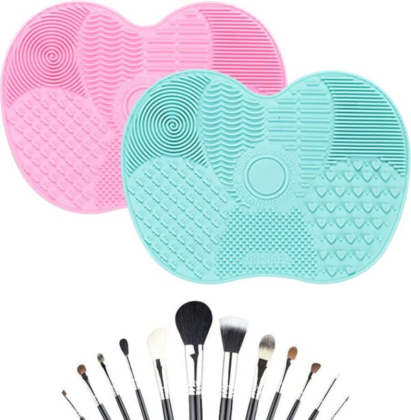 2 stuks siliconen make-up borstel reinigingsmat, make-up borstel scrubber mat cosmetische reinigingspad draagbaar reinigingsgereedschap met zuignap, 2 grote appelvormige matten (groen + roze)