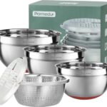 5-in-1 multifunctionele kommenset 100% roestvrij staal 304 3 grote diepe slakommen 4L/3L/2,5L met schaalmarkeringen en antislip siliconen basis, zeef en rasp