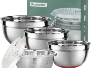 5-in-1 multifunctionele kommenset 100% roestvrij staal 304 3 grote diepe slakommen 4L/3L/2,5L met schaalmarkeringen en antislip siliconen basis, zeef en rasp