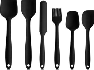 6 siliconen spatels, hittebestendig tot 500 graden Celsius, BPA-vrij, siliconen deegschraper met metalen kern, non-stick en naadloos eendelig design voor bakken of koken (zwart)
