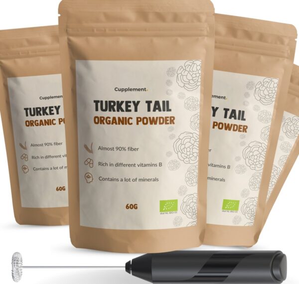 Cupplement | 4 Zakken Turkey Tail Poeder 60 Gram | Elfenbankje Mushroom Biologisch | Gratis Opschuimer & Scoop | Hoogste Kwaliteit
