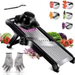 Mandoline groenteschaaf, verstelbaar, 3-in-1 multifunctionele groentesnijder van roestvrij staal, keukenschaaf voor groenten, aardappelen, komkommers, fruit, met snijbestendige handschoenen en schoonmaakborstel