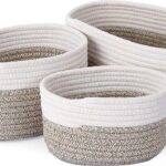 Opbergmand van katoenen touw, set van 3 stuks, gevlochten opbergmand, multifunctionele mandjes, opbergmanden voor planken, badkamer, luiertafel, kinderen (bruin + wit)
