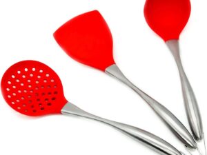 Wok bestek siliconen, wok-accessoire, wokspatel en pollepel, keukenhulpset, 34 cm spatel voor wok, Chinese wok-accessoireset, roestvrij staal 304 (rood)