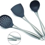 Wokspatel en pollepel, Wokaccessoires, Keukengereiset, 34cm Spatel voor Wok, Chinese Wokgereedschapset, 304 roestvrij staal (grijs)