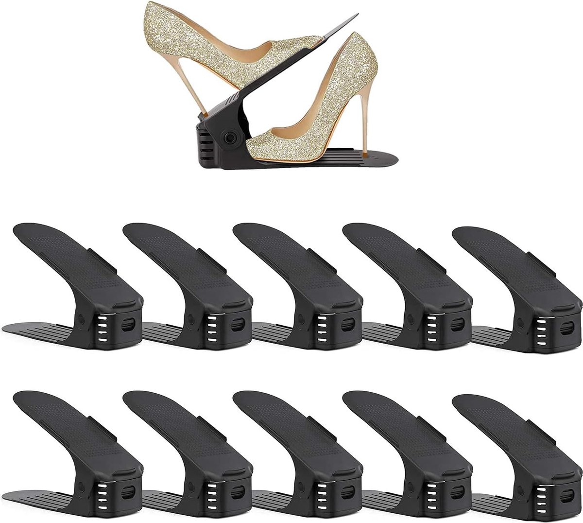 10 x zwart verstelbaar schoenenrek met sleuven voor schoenen, ruimtebesparend 10 x zwart verstelbaar schoenenrek met sleuven voor schoenen, ruimtebesparend