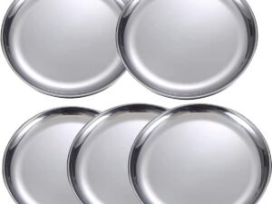 5-delige ronde roestvrijstalen platen, draagbaar servies voor buiten kamperen, wandelen, picknick, barbecue, strand (diameter 10 inch)