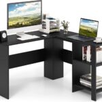 Bureau L-vorm, hoekbureau met 2 kabeldaten en opbergvakken, hoektafel, computertafel, kantoortafel voor thuis of op kantoor, 130 x 130 x 74 cm (zwart)