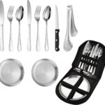 Camping Servies, Camping Bestekset, Bestekset voor 2 Personen, Roestvrijstalen Reisbestek met Vorken, Lepels, Messen, Barbecue Tangen, Borden voor Buitenservies Set, Reizen, Wandelen