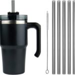 Roestvrijstalen vacuüm geïsoleerde mok, dubbelwandig met handvat, rietenborstel en beker met 5 rietjes, draagbare automok, reismok voor water, koffie, smoothiedranken (zwart, 20 oz/600 ml)