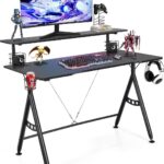 120 cm Gaming bureau met monitor plank, computertafel met game handvat rek, bekerhouder, hoofdtelefoon haak & luidspreker houders, ergonomisch thuiskantoor gamingbureau met koolstofvezel oppervlak