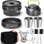 Camping kookgerei set voor 1-2 personen, camping kookset met draagbare aluminium pot, theepot, bekers en inklapbaar bestek, outdoor kookgerei voor kamperen, picknicken en wandelen.