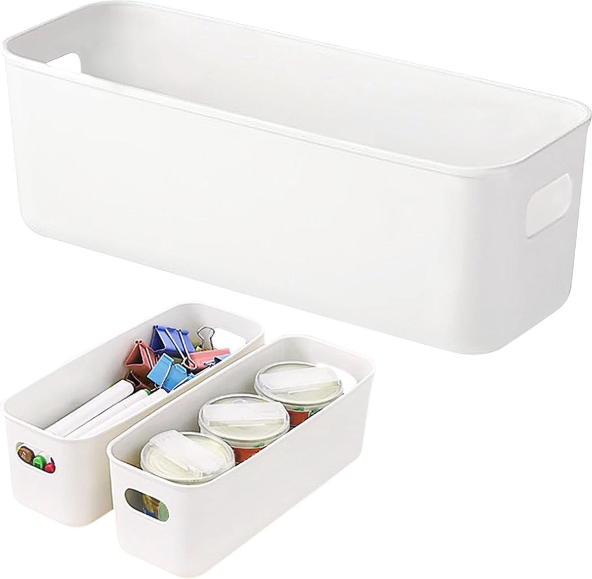 Pakket van 3 opbergdozen, plastic opbergmanden, organizer met handvatten, keukenkast opbergmanden voor lades, keuken, thuis, badkamer, 28 x 9 x 11 cm (wit)