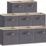 Pakket van 8 stoffen opbergdozen, opvouwbare opbergkubus gemaakt van niet-geweven stof met handvat voor kubusplankinvoeging, 26,5 x 26,5 x 28 cm, grijs.