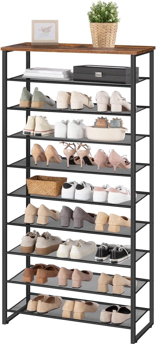 Schoenenrek met 10 niveaus, smal schoenenkast, schoen organisator voor 32-40 paar schoenen, metaal, voor hal, woonkamer, vintage bruin-zwart EBF107XJ01