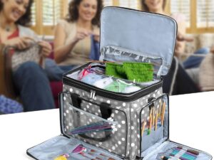 Wollen tas voor garen, handwerktas voor breien, breitas voor garen, haaknaalden, breinaalden (tot 35,5 cm) en andere accessoires, grijs gestippeld