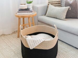 XXL katoenen touw geweven mand | deken opbergmand voor woonkamer en wasgoed | decoratieve mand voor dekens | touw wasmand geweven | extra grote manden 50x33cm (zwart/honing)